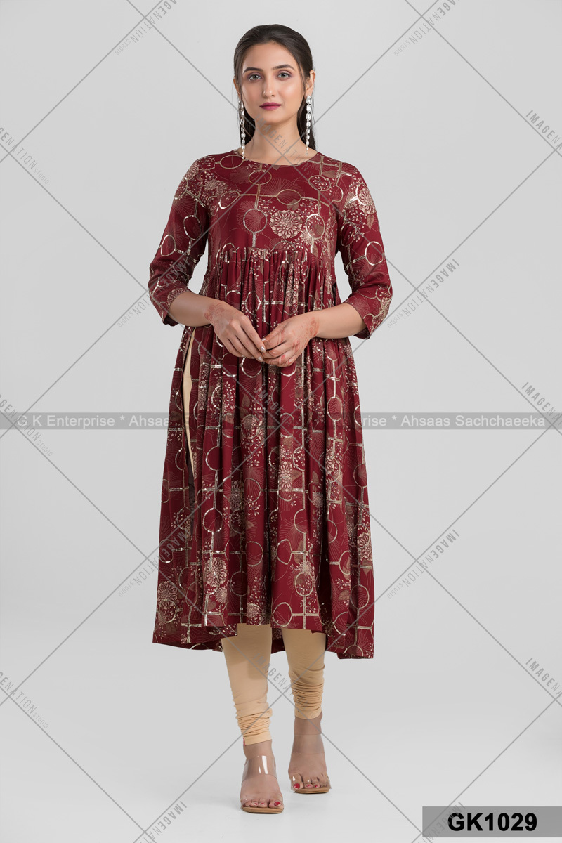 Rayon Cotton Nyra Cut Kurti With Sequin Works Gk1029