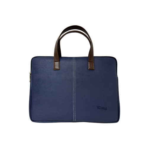 Vegan Leather Laptop Sleeve Blue - 28x25x8 cm, Water-Resistant, Customizable Design with Durable Zipper Top and Stylish Brown Accents