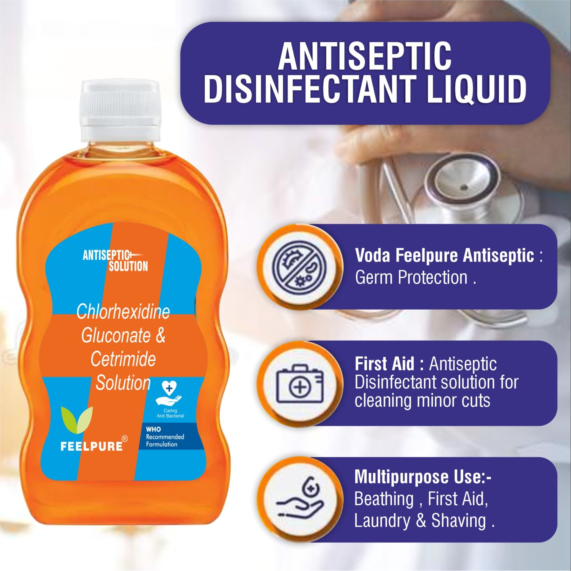 Feelpure Antiseptic Liquid - Chlorhexidine Gluconate 1.5%, Cetrimide 3%, Ethyl Alcohol 5% | Multipurpose Germicidal Wound Wash, Ideal For Cuts, Scratches, And Household Disinfectant, Pleasant Citrus Fresh Smell