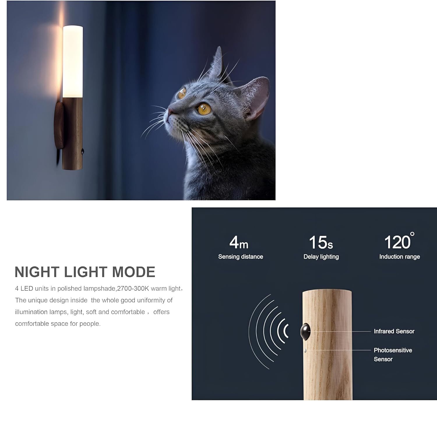 Intelligent Induction Lamp - Wood Glass 18x6x2.5 Cm | Motion Activated, Dimmable Warm White Light, Rechargeable Battery, Wall Mountable
