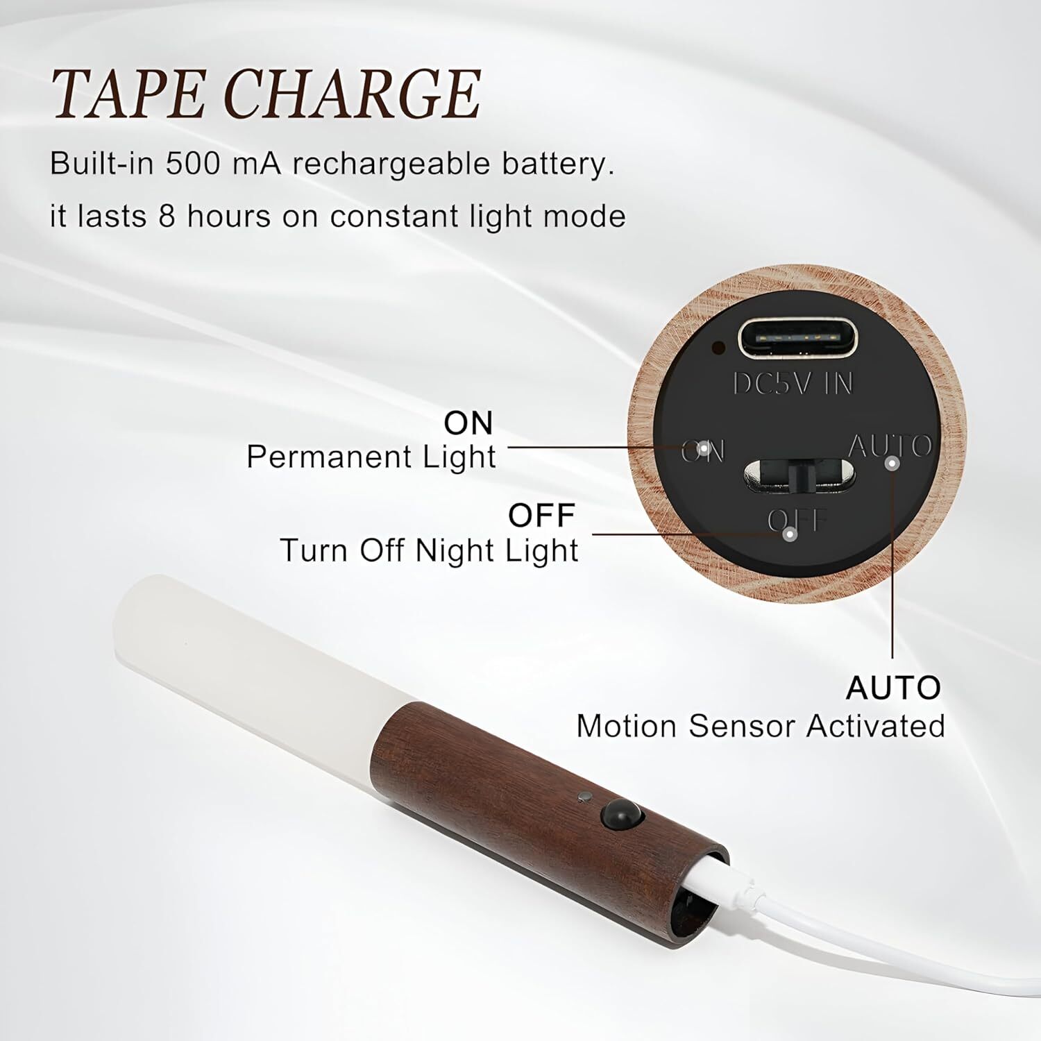 Intelligent Induction Lamp - Wood Glass 18x6x2.5 Cm | Motion Activated, Dimmable Warm White Light, Rechargeable Battery, Wall Mountable