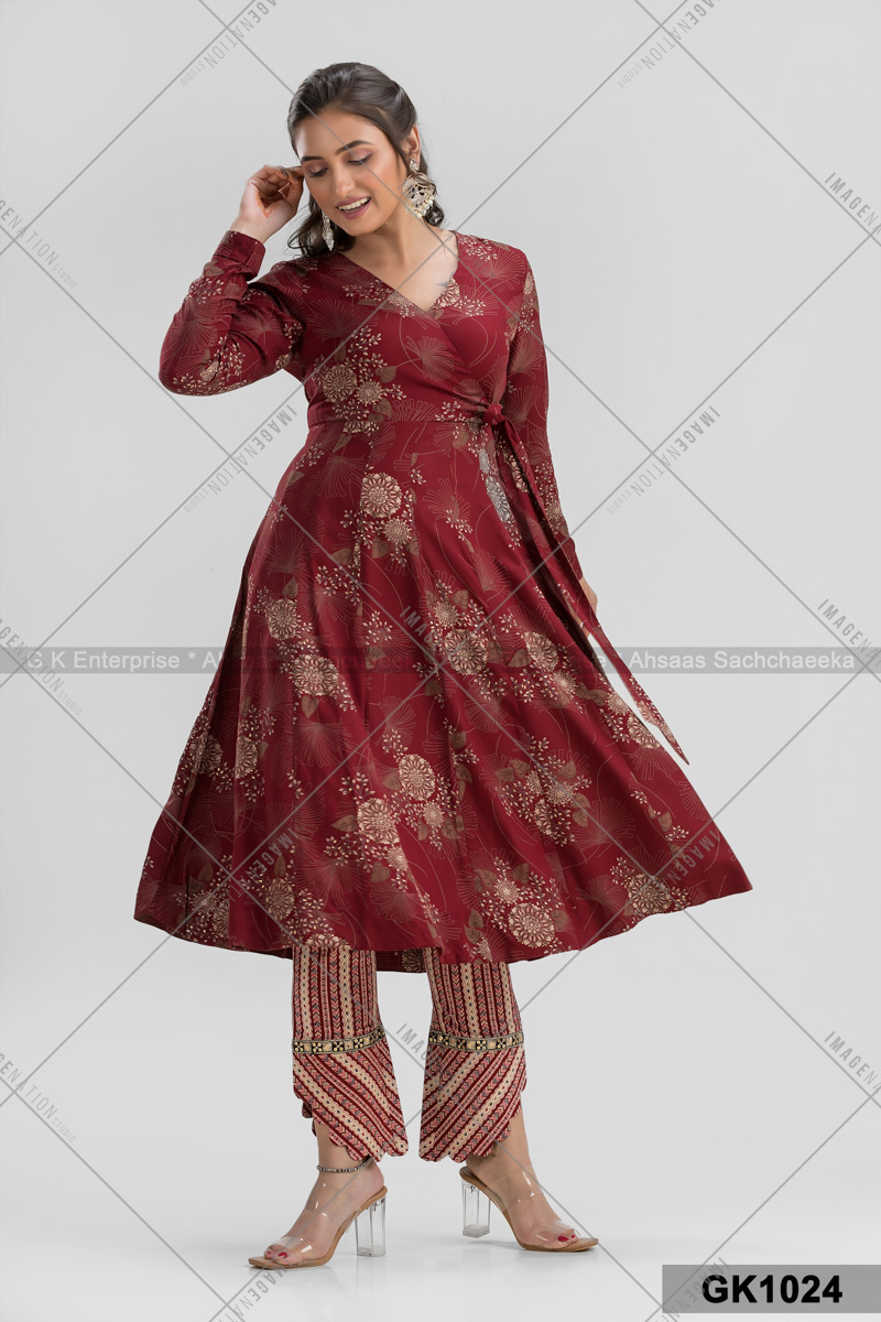 Printed Rayon Cotton With Faux Angraksha And Designed Straight Pant Set (Gk1024)