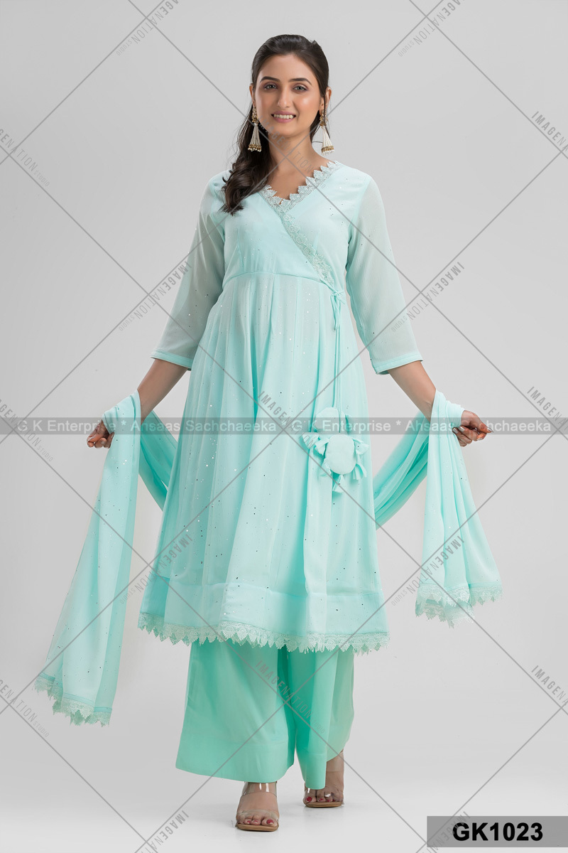 Organzo Chiffon With Faux Anarkali With Plazzo & Long Dupatta Set (Gk1023)