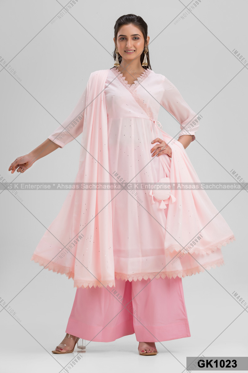 Organzo Chiffon With Faux Anarkali With Plazzo & Long Dupatta Set (Gk1023)