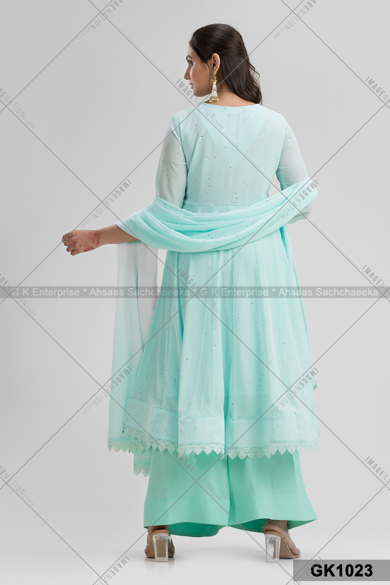 Organzo Chiffon With Faux Anarkali With Plazzo & Long Dupatta Set (Gk1023)