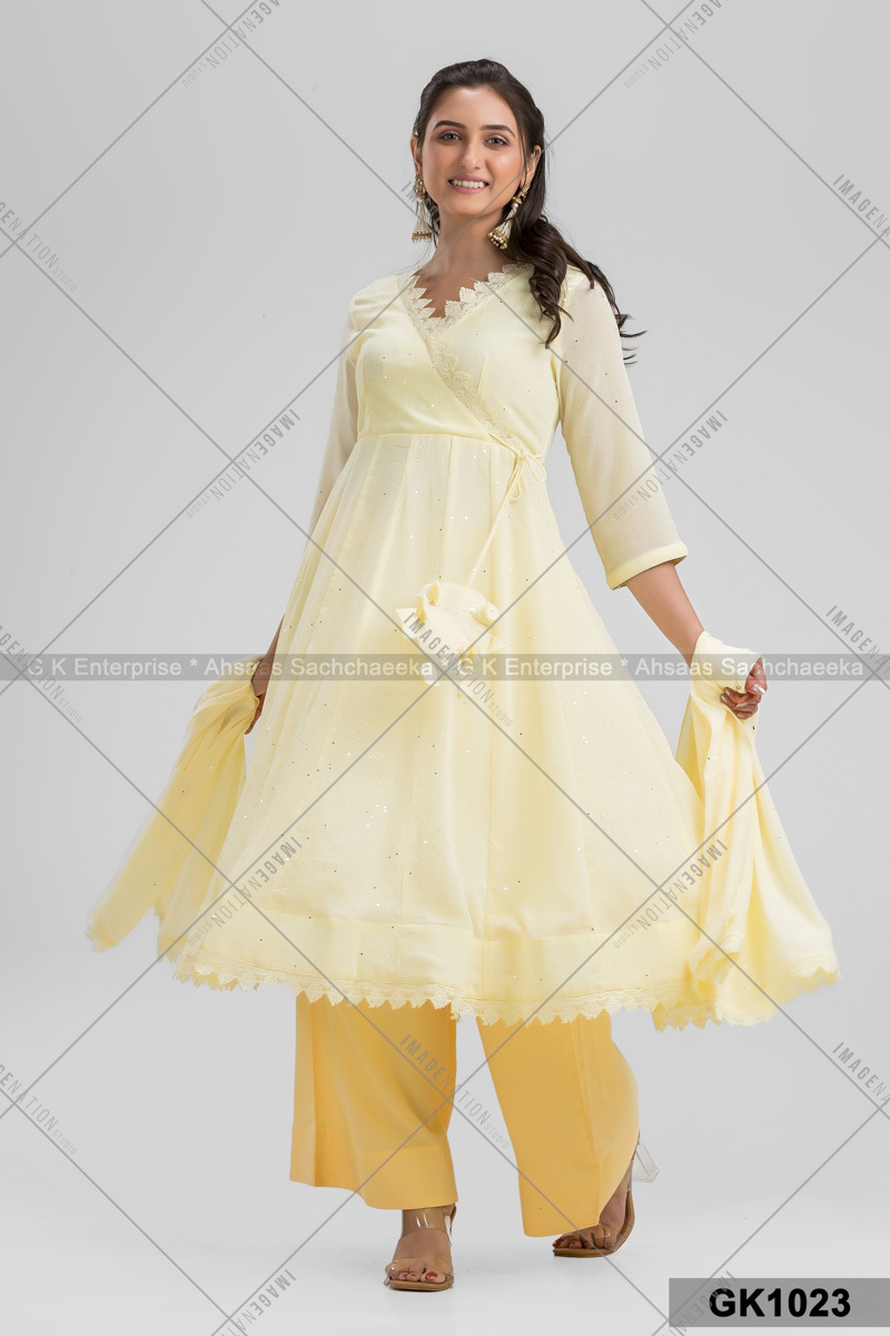 Organzo Chiffon With Faux Anarkali With Plazzo & Long Dupatta Set (Gk1023)