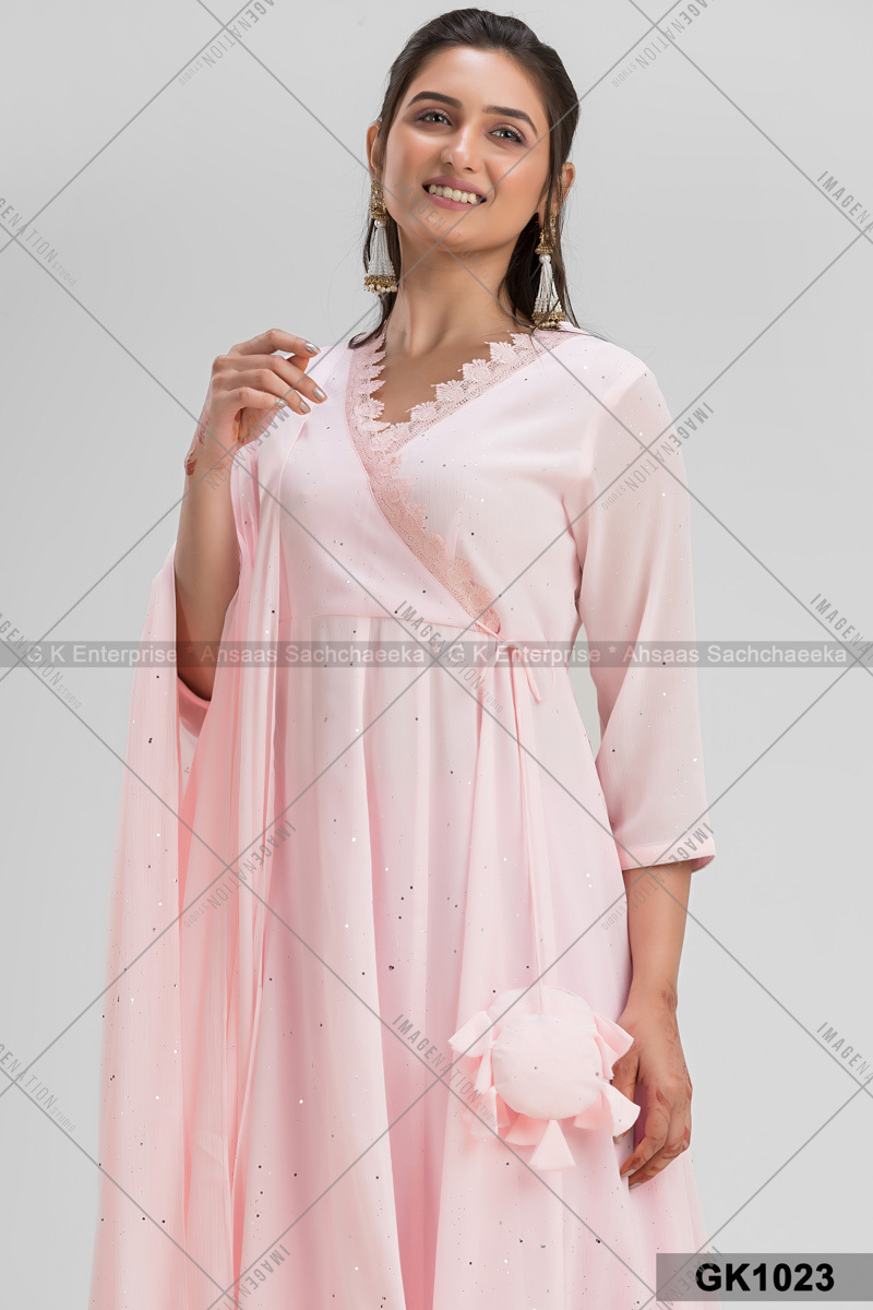 Organzo Chiffon With Faux Anarkali With Plazzo & Long Dupatta Set (Gk1023)
