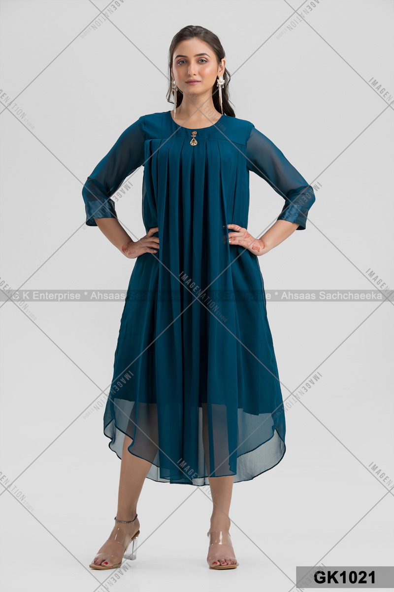 Georgette Plated Tunic - Silk Fabric Available In S-xxl Sizes | 3-4th Sleeve Feather Decoration Cool Pass Quick Dry Washable