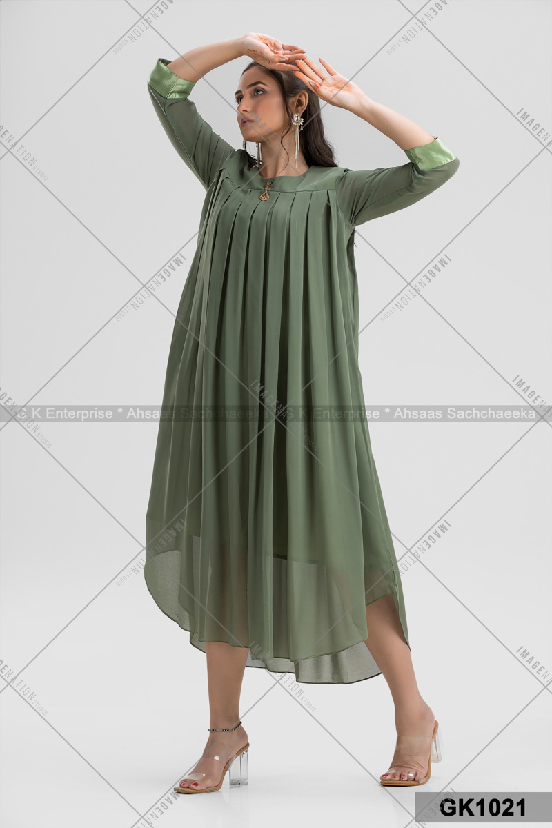 Georgette Plated Tunic - Silk Fabric Available In S-xxl Sizes | 3-4th Sleeve Feather Decoration Cool Pass Quick Dry Washable