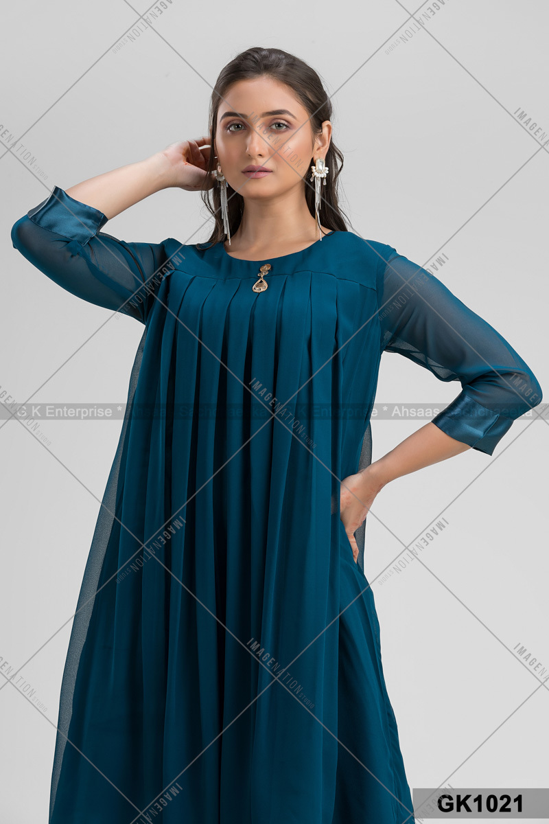 Georgette Plated Tunic - Silk Fabric Available In S-xxl Sizes | 3-4th Sleeve Feather Decoration Cool Pass Quick Dry Washable