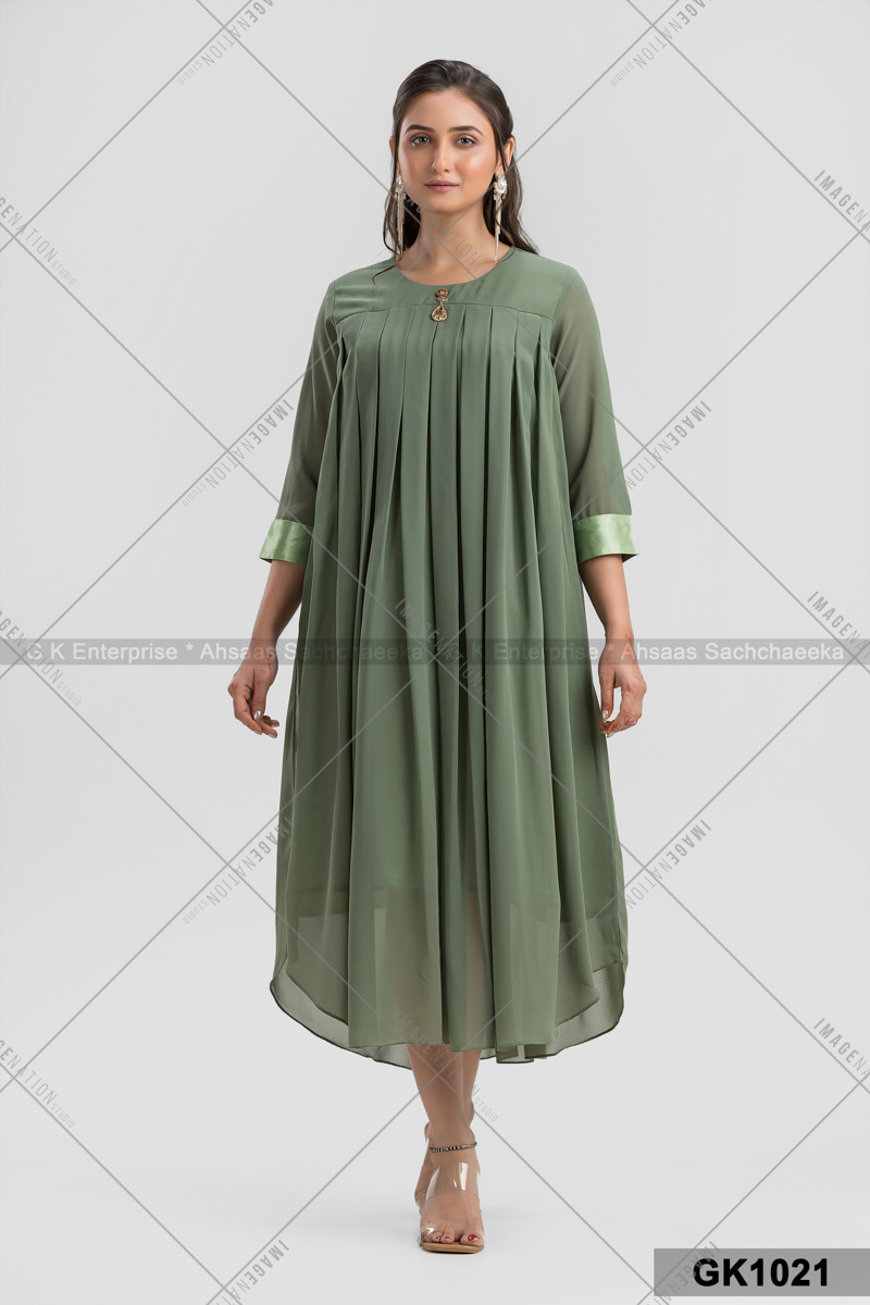 Georgette Plated Tunic - Silk Fabric Available In S-xxl Sizes | 3-4th Sleeve Feather Decoration Cool Pass Quick Dry Washable