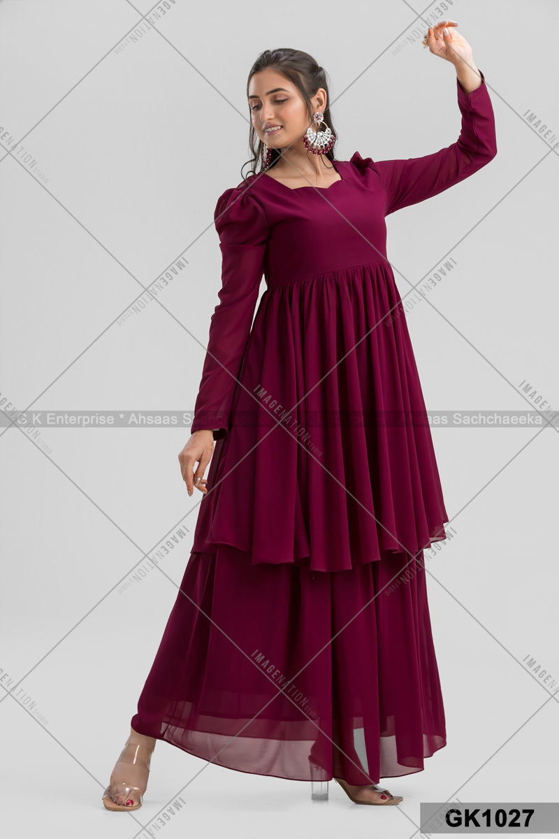 Georgette Full Sleeve Two Parts Party Wear - Chiffon Fabric Sizes S-xxl Purple Color | Quick Dry Washable Trendy Style With Feather Decoration