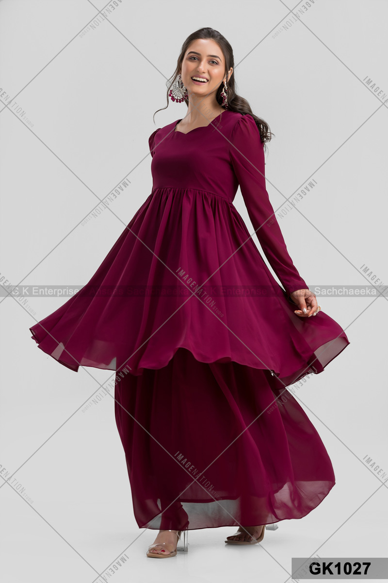Georgette Full Sleeve Two Parts Party Wear - Chiffon Fabric Sizes S-xxl Purple Color | Quick Dry Washable Trendy Style With Feather Decoration