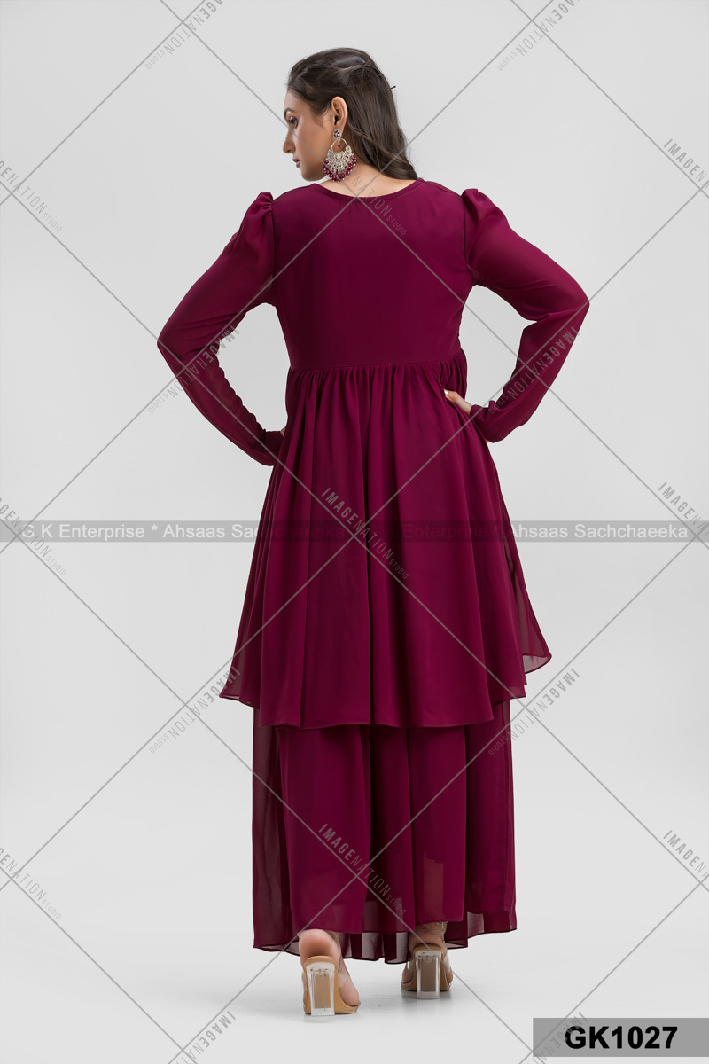 Georgette Full Sleeve Two Parts Party Wear - Chiffon Fabric Sizes S-xxl Purple Color | Quick Dry Washable Trendy Style With Feather Decoration