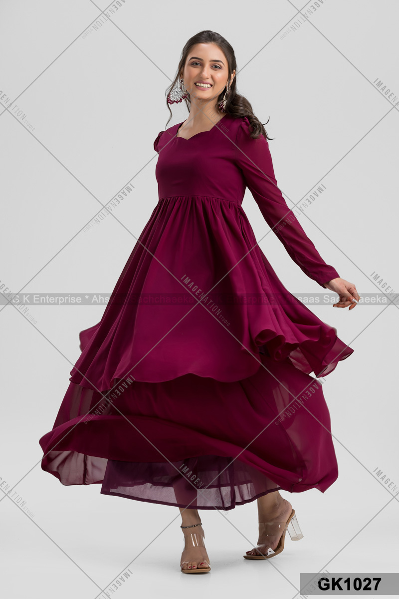 Georgette Full Sleeve Two Parts Party Wear - Chiffon Fabric Sizes S-xxl Purple Color | Quick Dry Washable Trendy Style With Feather Decoration