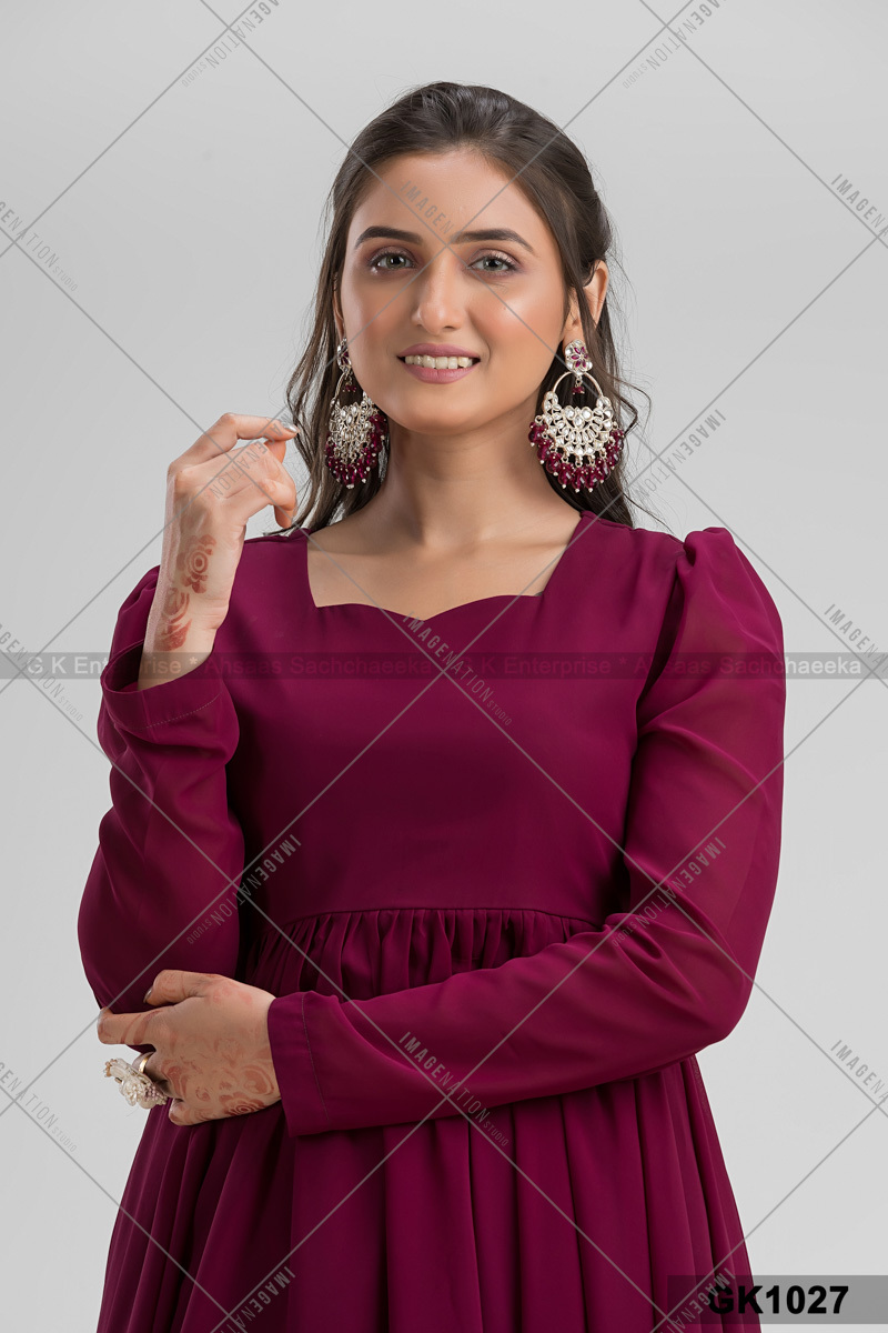 Georgette Full Sleeve Two Parts Party Wear - Chiffon Fabric Sizes S-xxl Purple Color | Quick Dry Washable Trendy Style With Feather Decoration