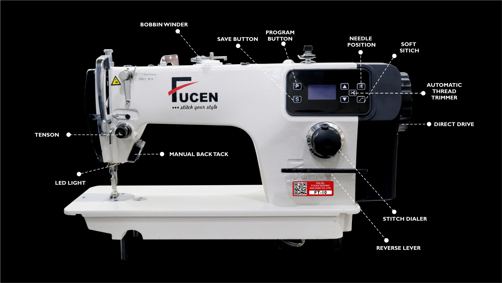 Ft-10: High Speed Direct Drive Single Needle Lockstitch Sewing Machine - 220v, 320va, 200-5500 Sti/min | Led Control Panel, Automatic Thread Trimmer, Usb Port, Needle Positioning, Pressure Foot Lifter