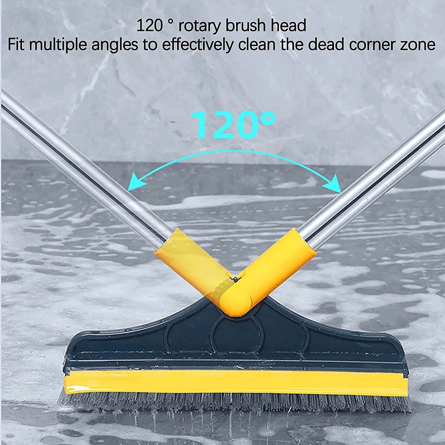 2 In 1 Tiles Brush - Aluminum Material, 43 Inches Long Handle | V-shaped Hard Bristles, 120â° Rotating Head, Durable & Easy To Store