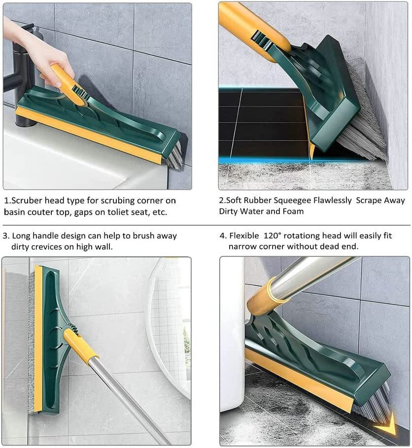 2 In 1 Tiles Brush - Aluminum Material, 43 Inches Long Handle | V-shaped Hard Bristles, 120â° Rotating Head, Durable & Easy To Store