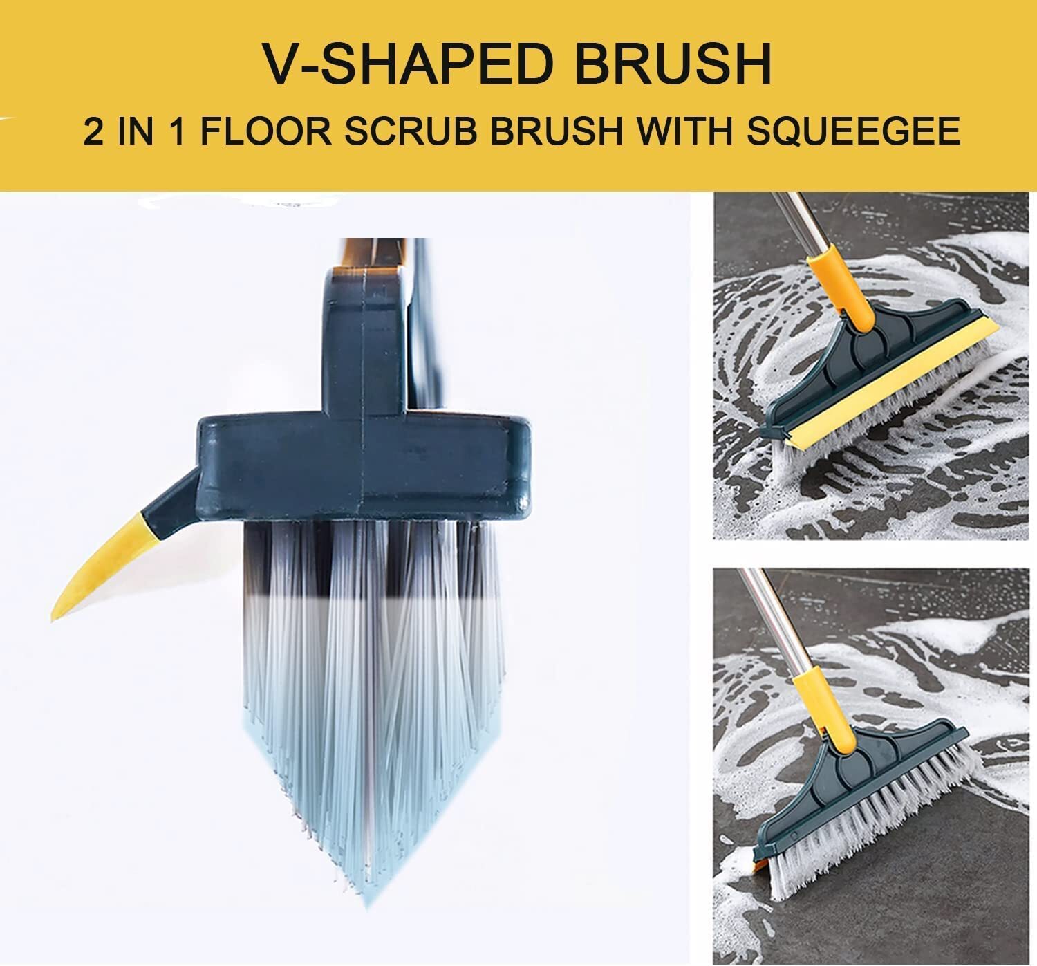 2 In 1 Tiles Brush - Aluminum Material, 43 Inches Long Handle | V-shaped Hard Bristles, 120â° Rotating Head, Durable & Easy To Store
