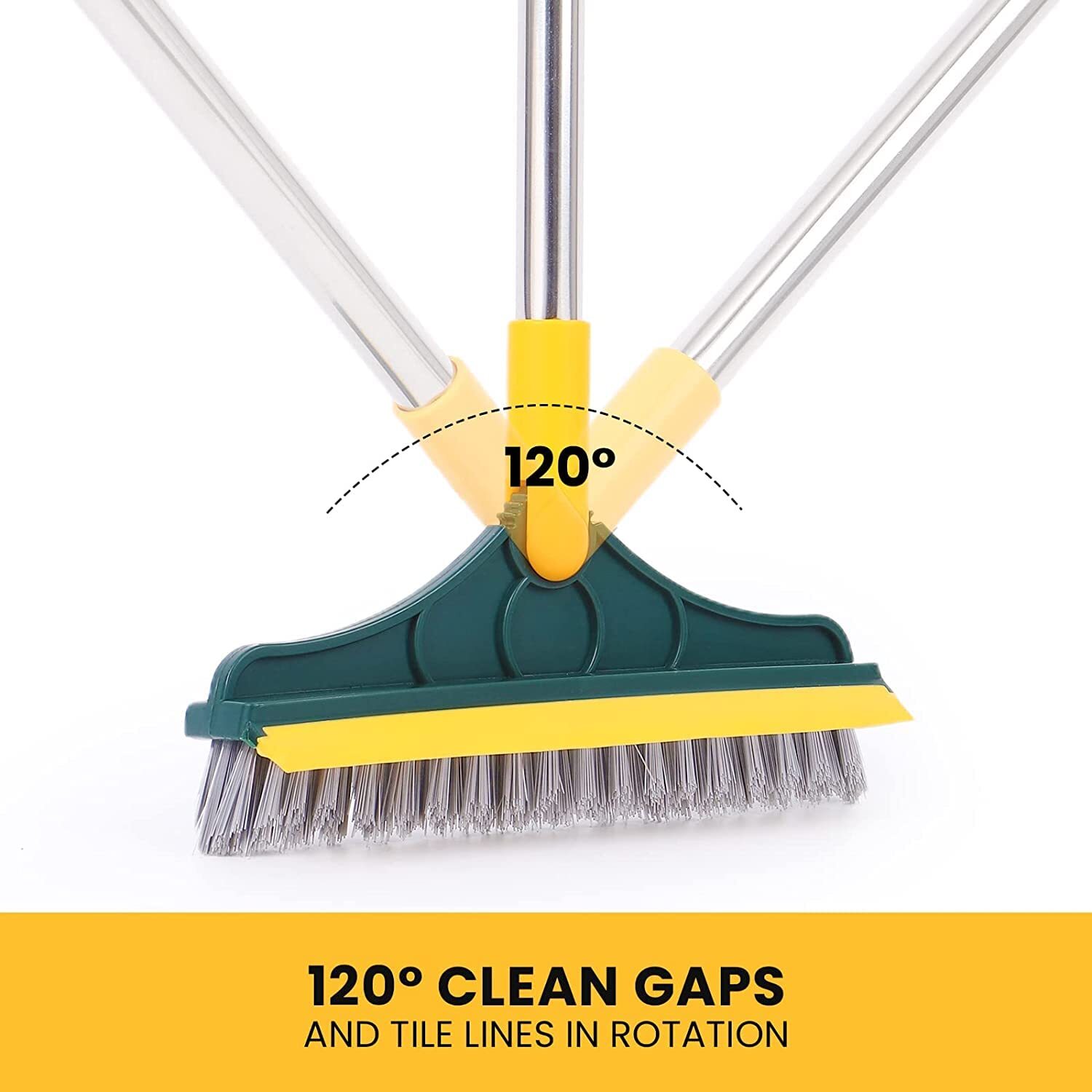 2 In 1 Tiles Brush - Aluminum Material, 43 Inches Long Handle | V-shaped Hard Bristles, 120â° Rotating Head, Durable & Easy To Store
