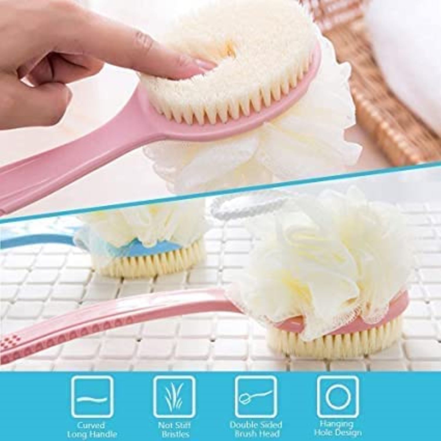2 In 1 Loofah With Handle - 100% Natural Nylon Bristles 14.1" Length | Double-sided Shower Brush For Dry Or Wet Use Anti-slip Ergonomic Handle