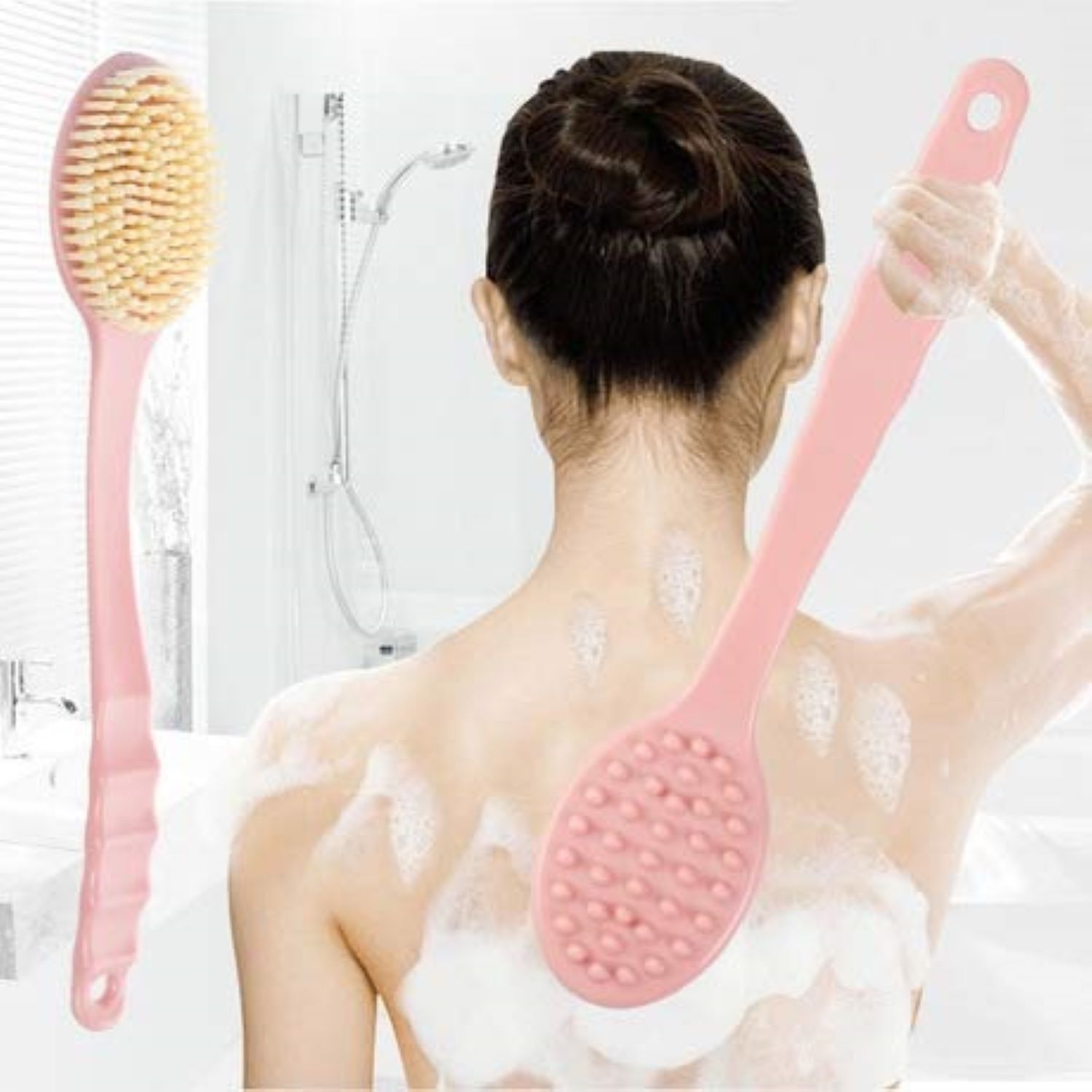 2 In 1 Loofah With Handle - 100% Natural Nylon Bristles 14.1" Length | Double-sided Shower Brush For Dry Or Wet Use Anti-slip Ergonomic Handle