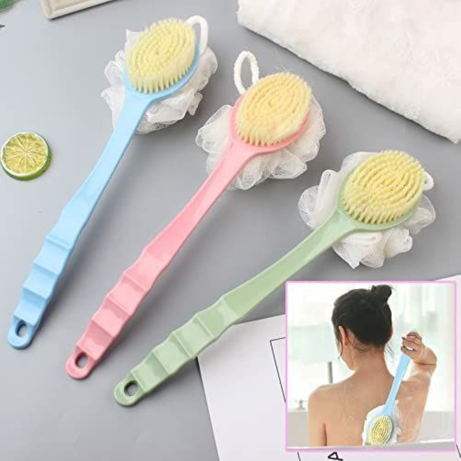 2 In 1 Loofah With Handle - 100% Natural Nylon Bristles 14.1" Length | Double-sided Shower Brush For Dry Or Wet Use Anti-slip Ergonomic Handle