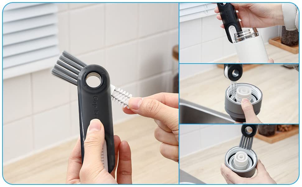 3 In 1 Cup Lid Gap Cleaning Brush Set - Stainless Steel, 12x3.5x2 Cm | Ergonomic Handle, 360-degree Rotating Brush Heads, Multi-purpose Cleaning For Cups And Bottles
