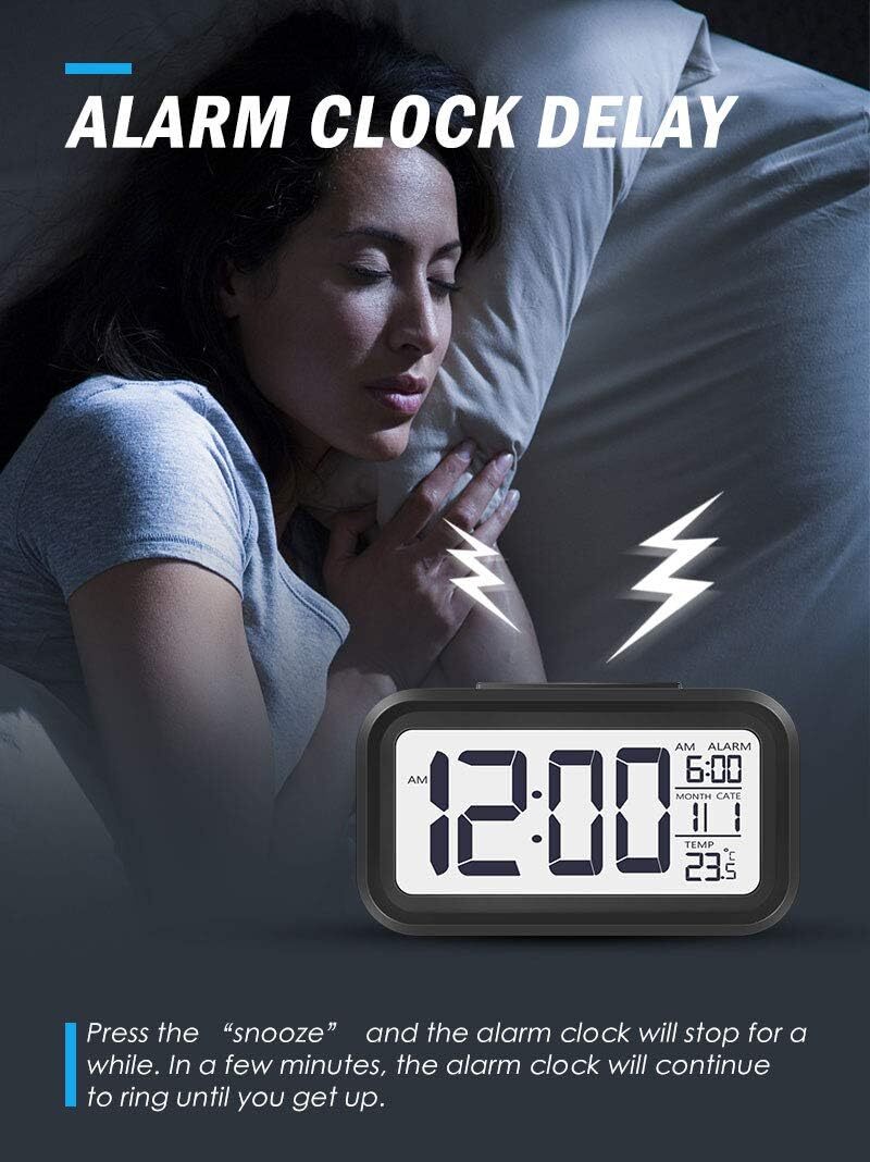 Digital Alarm Clock - Plastic Construction, 5x8 Inches | Smart Backlight, Loud Alarm, Indoor Temperature Display, Easy Access Buttons For Students