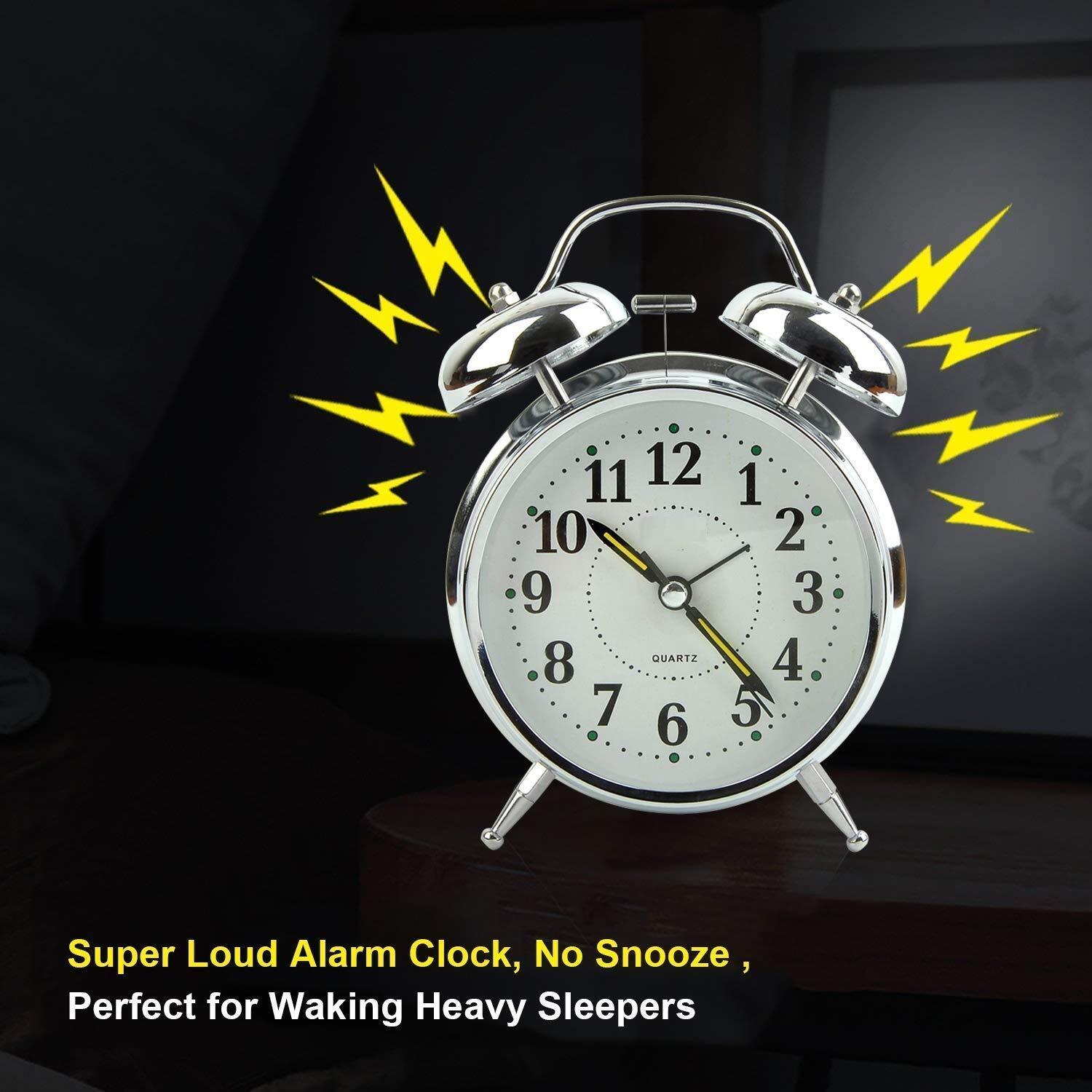 Twin Bell Silver Clock - Metal, 12x10 Cm | Classic Vintage Design With Extra Loud Alarm, Night Light Function For Heavy Sleepers And Kids