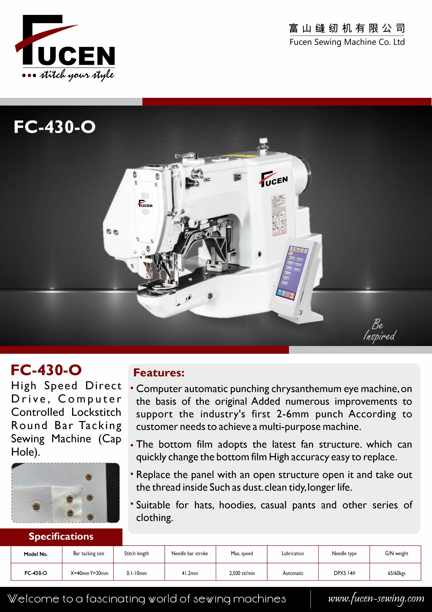 Fc-430-o: High Speed Direct Drive, Computer Controlled Lockstitch Round Bar Tacking Sewing Machine (Cap Hole)