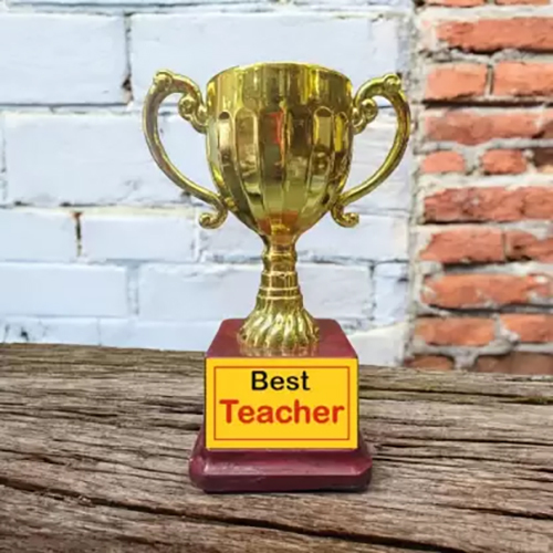 6.25 Inch Golden Trophy Cup For Teacher - Fiber Material, 6.25 Inches, Golden & Brown Color | Customizable Logo, Elegant Design, Attachment Holder