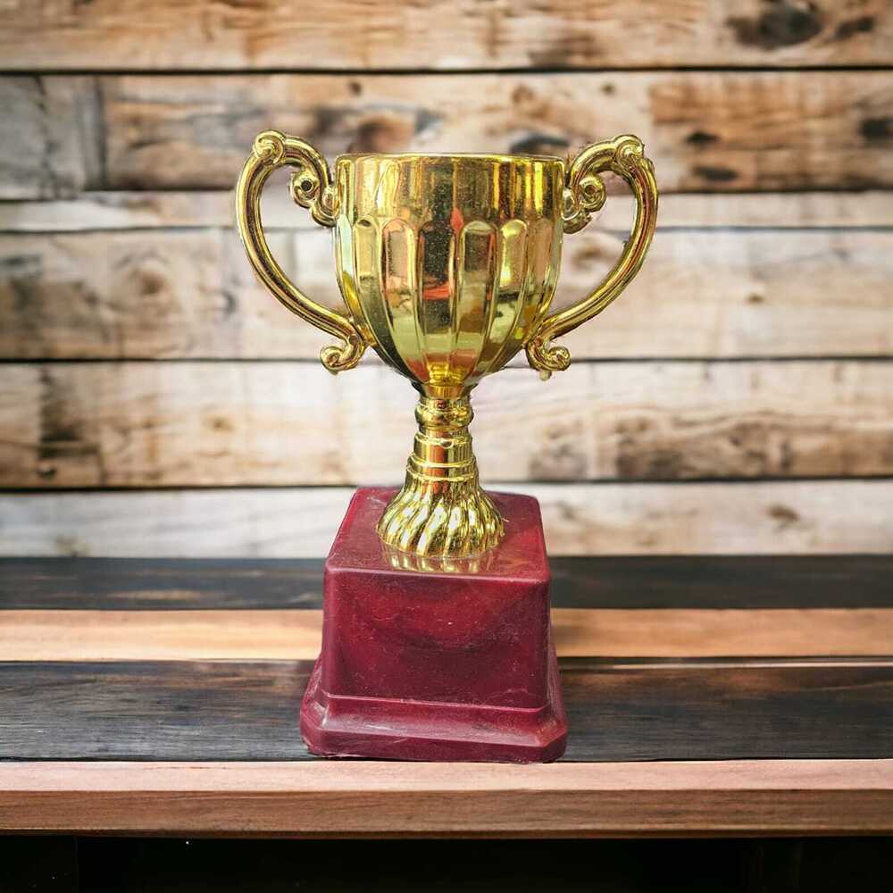 8 Inch Trophy Plastic Golden Cup Award - Fiber Material, 8 Inches, Golden Color | Customized Logo, Ribbon Attachment, Durable Design