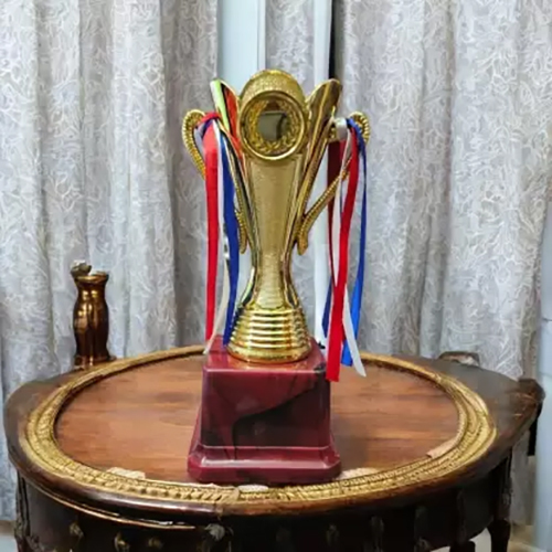 8.5 Inch Golden Trophy For Various Events - Fiber Material, 8.5 Inches, Golden-Brown Color | Customized Logo, Elegant Ribbon Attachment