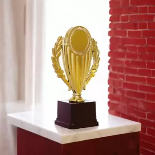 Crafts India Winner Golden FRP Trophy - 10.5 Inches, Customizable Logo, Elegant Golden & Brown Design