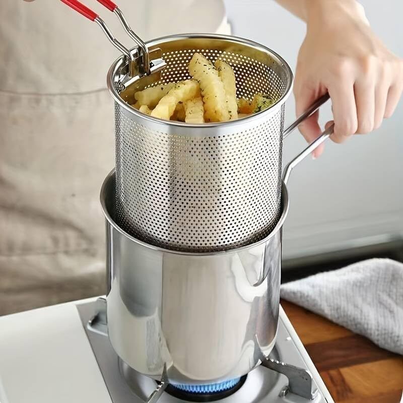 Deep Frying Pot With Strainer Basket - Stainless Steel, 12x5x8 Cm | Oil Filtration, Cool Touch Handle, Easy Clean For Versatile Frying