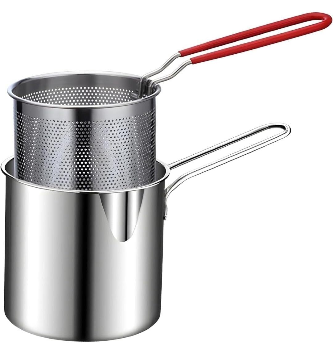 Deep Frying Pot With Strainer Basket - Stainless Steel, 12x5x8 Cm | Oil Filtration, Cool Touch Handle, Easy Clean For Versatile Frying