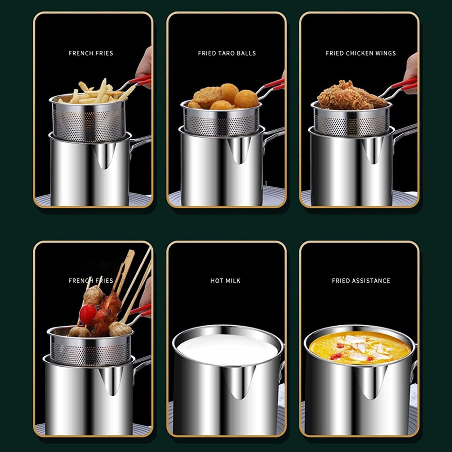 Deep Frying Pot With Strainer Basket - Stainless Steel, 12x5x8 Cm | Oil Filtration, Cool Touch Handle, Easy Clean For Versatile Frying