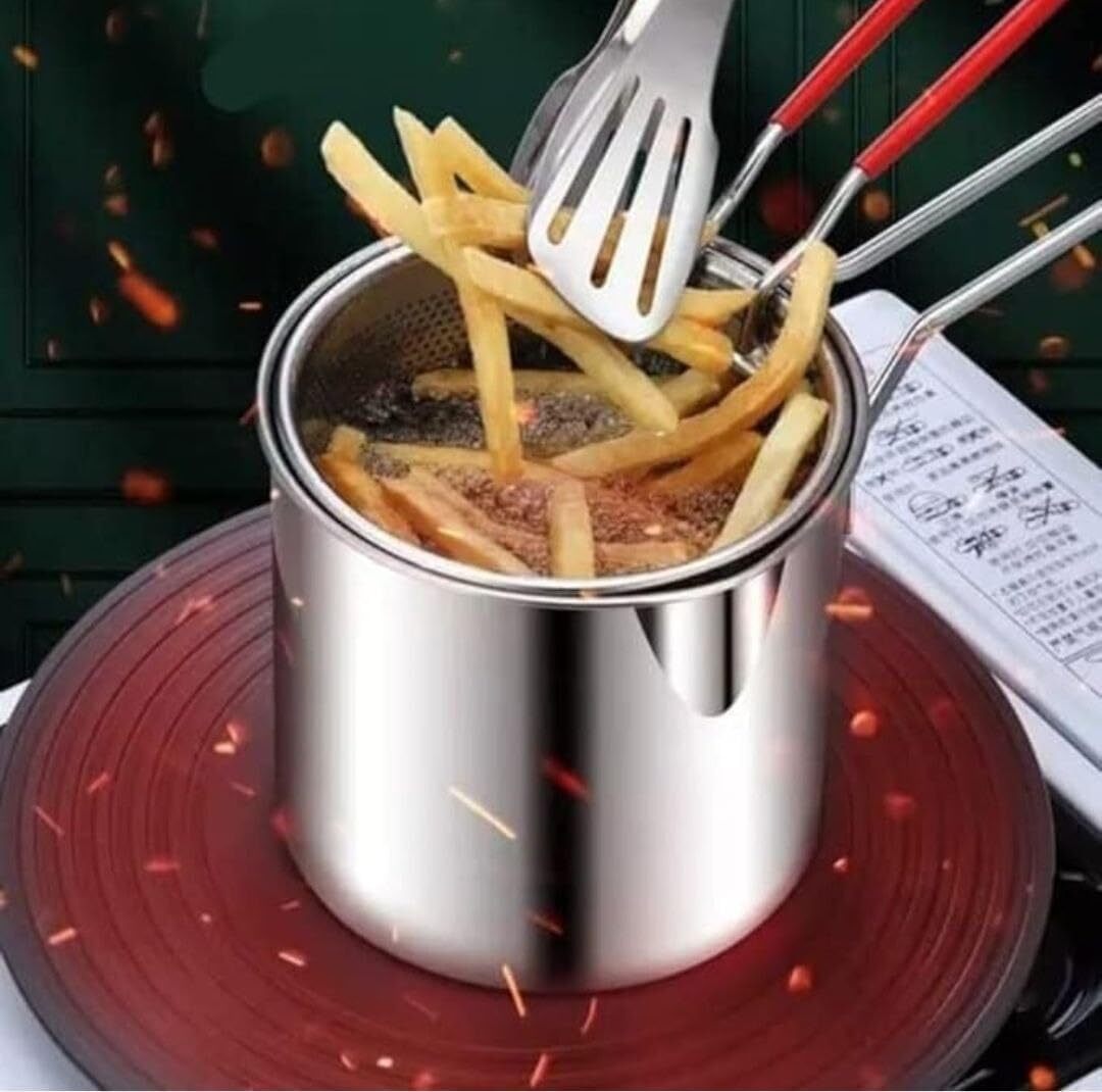 Deep Frying Pot With Strainer Basket - Stainless Steel, 12x5x8 Cm | Oil Filtration, Cool Touch Handle, Easy Clean For Versatile Frying