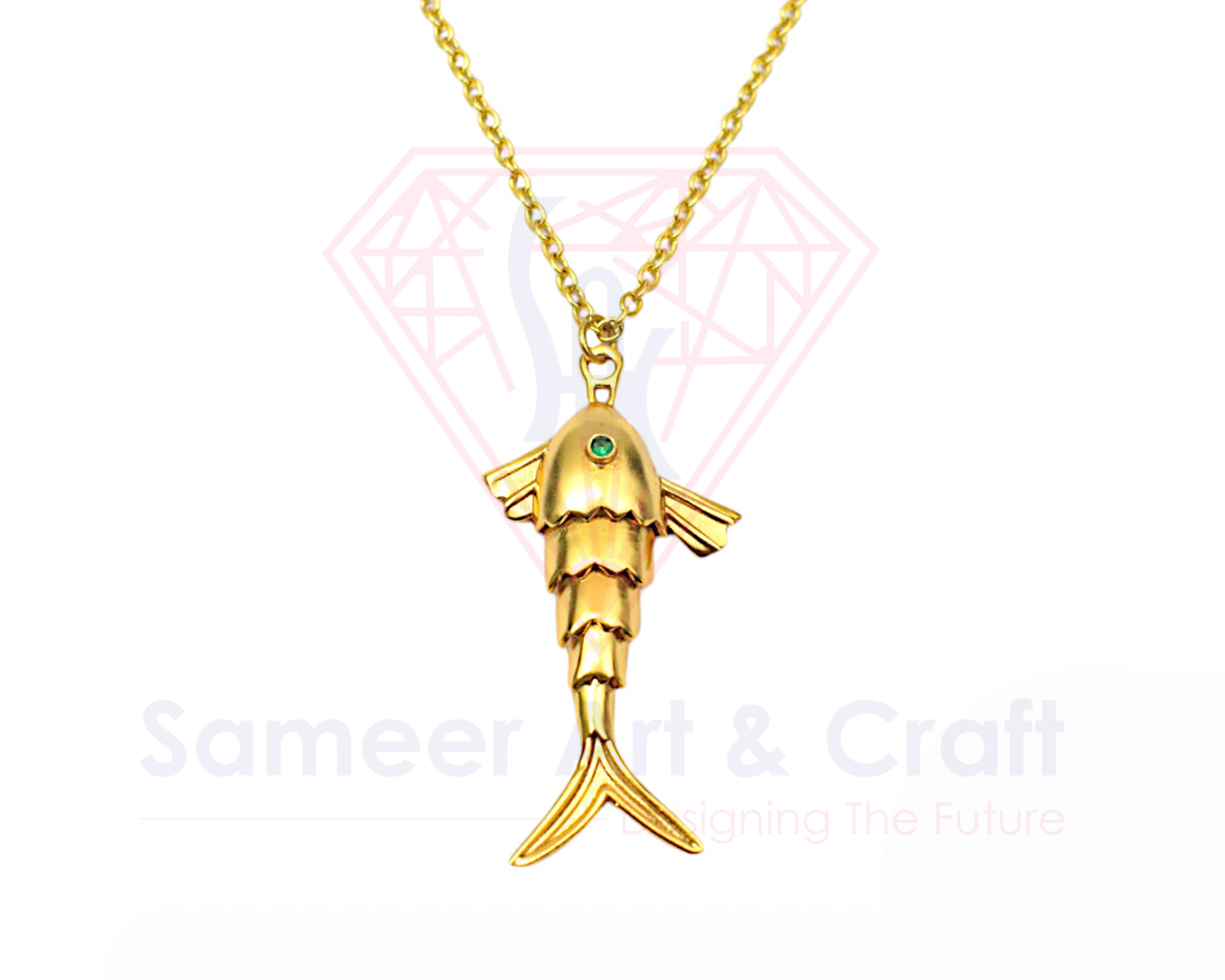 Green Cubic Zirconia With 18k Gold Plated Flexible Fish Pendant