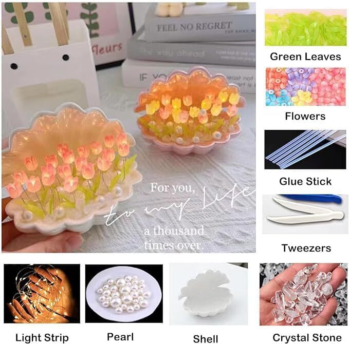 Shell Tulip Night Lamp - Plastic, 10x10x10 Cm | Diy Kit Includes Pearls, Crystal Stones, Lifelike Leaves, Customizable Flowers, Romantic Ambiance