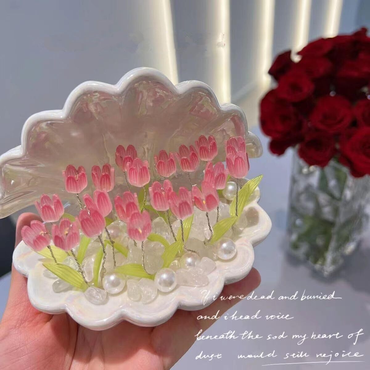 Shell Tulip Night Lamp - Plastic, 10x10x10 Cm | Diy Kit Includes Pearls, Crystal Stones, Lifelike Leaves, Customizable Flowers, Romantic Ambiance