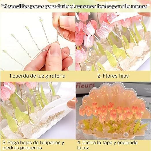 Shell Tulip Night Lamp - Plastic, 10x10x10 Cm | Diy Kit Includes Pearls, Crystal Stones, Lifelike Leaves, Customizable Flowers, Romantic Ambiance