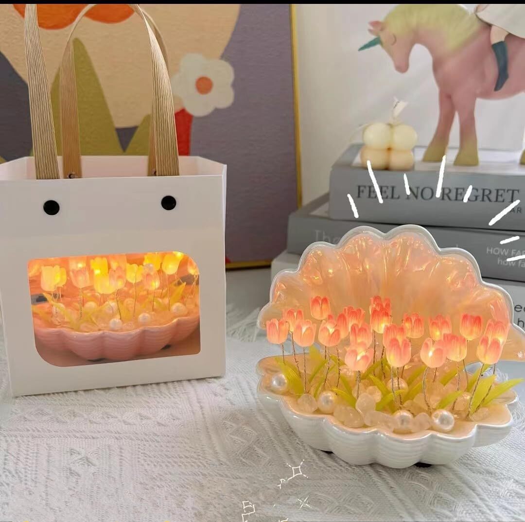 Shell Tulip Night Lamp - Plastic, 10x10x10 Cm | Diy Kit Includes Pearls, Crystal Stones, Lifelike Leaves, Customizable Flowers, Romantic Ambiance