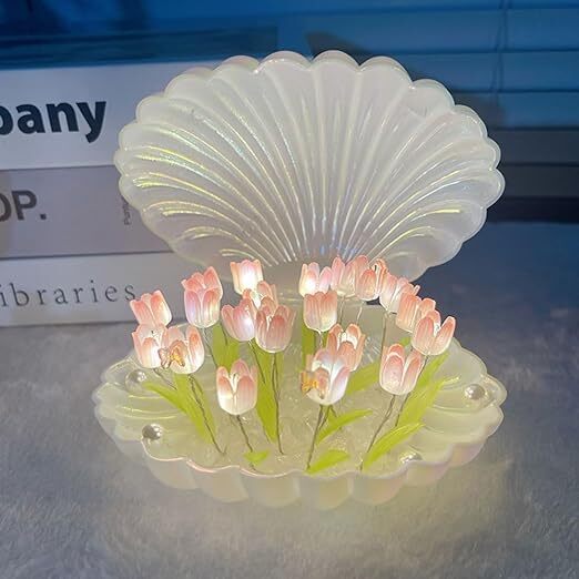 Shell Tulip Night Lamp - Plastic, 10x10x10 Cm | Diy Kit Includes Pearls, Crystal Stones, Lifelike Leaves, Customizable Flowers, Romantic Ambiance