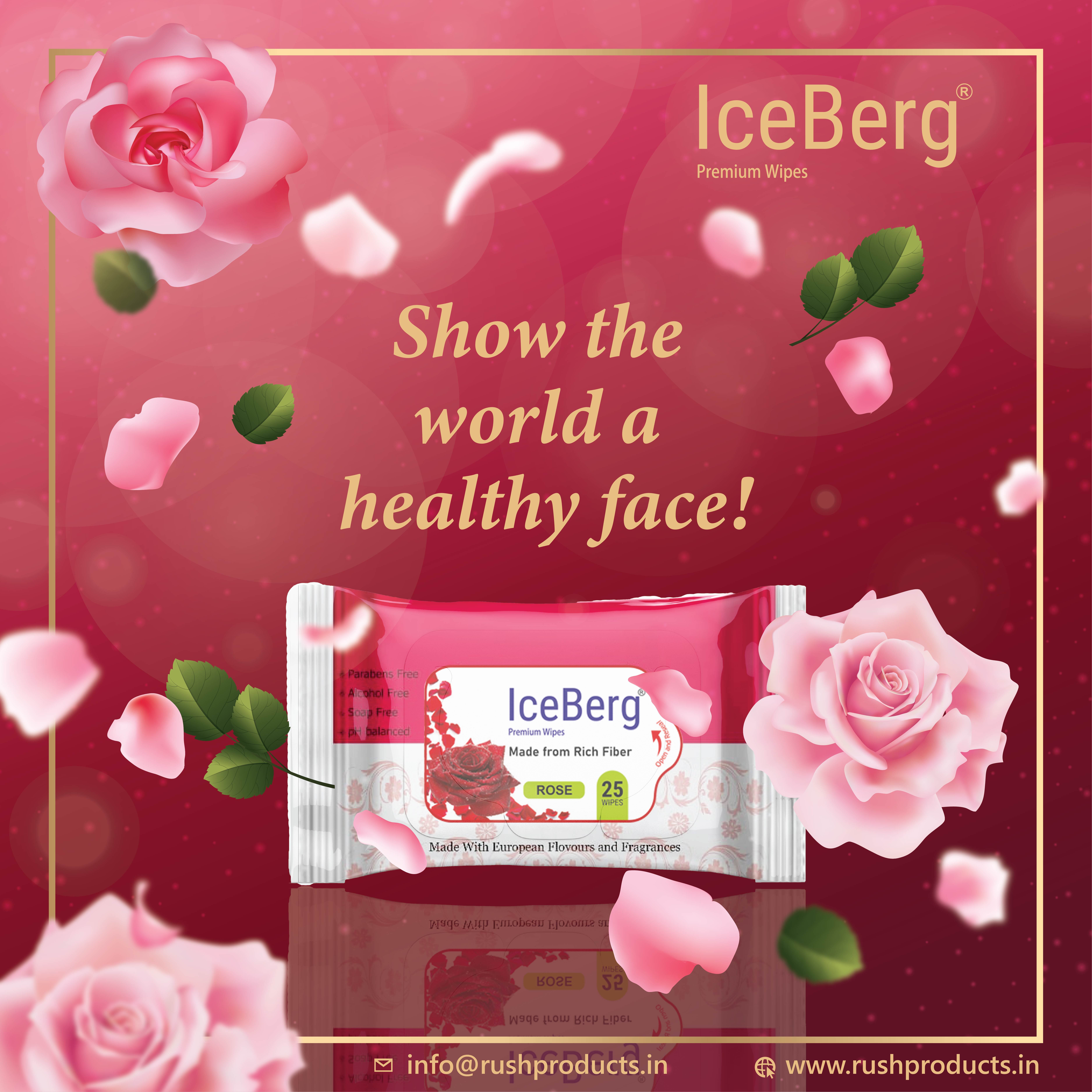 Iceberg Refreshing Rose Wet Wipes - Non Woven Fabric, 150x200mm, White Color - Ideal For All Ages, Multi-use, Fragrance Infused, 25 Pcs Per Pack