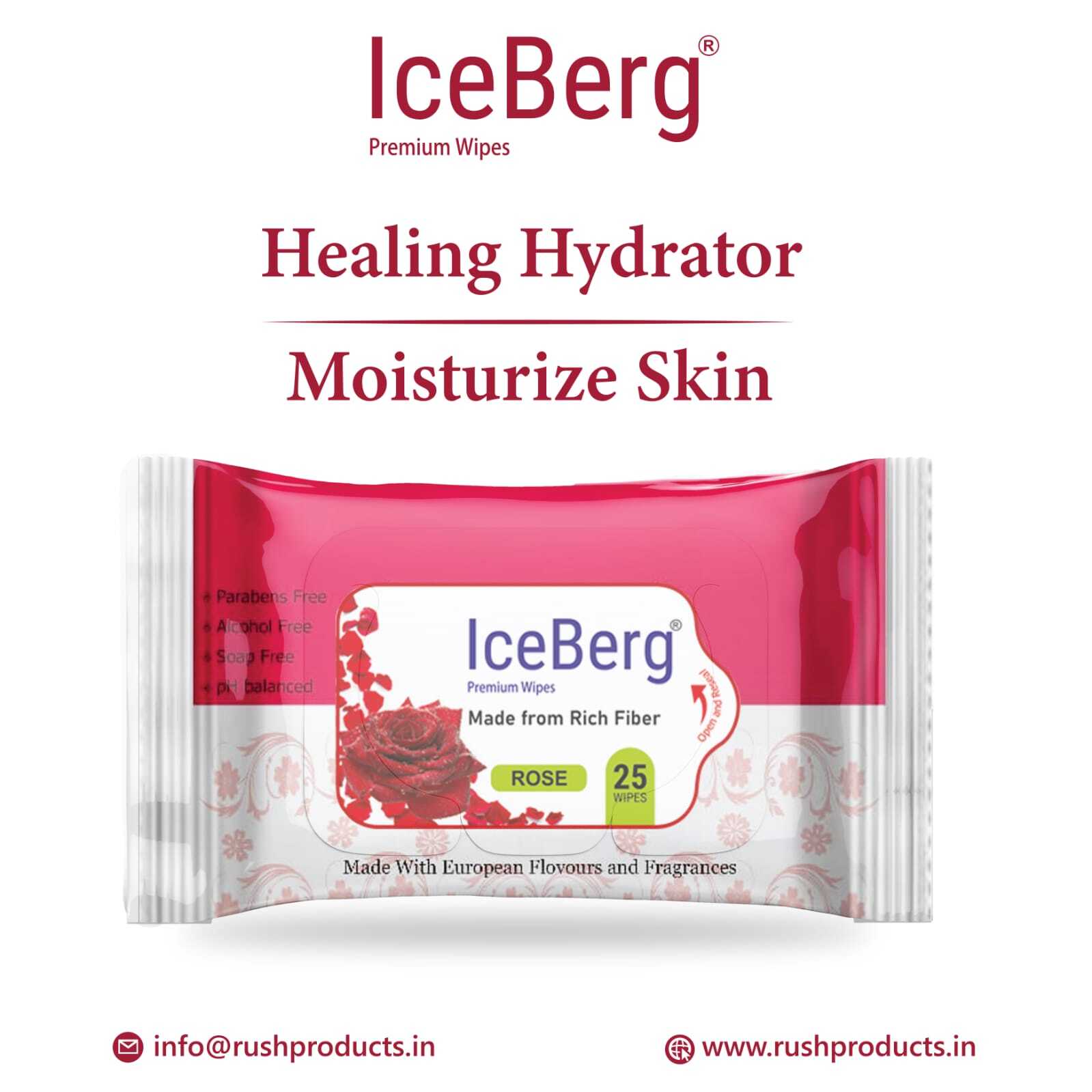 Iceberg Refreshing Rose Wet Wipes - Non Woven Fabric, 150x200mm, White Color - Ideal For All Ages, Multi-use, Fragrance Infused, 25 Pcs Per Pack