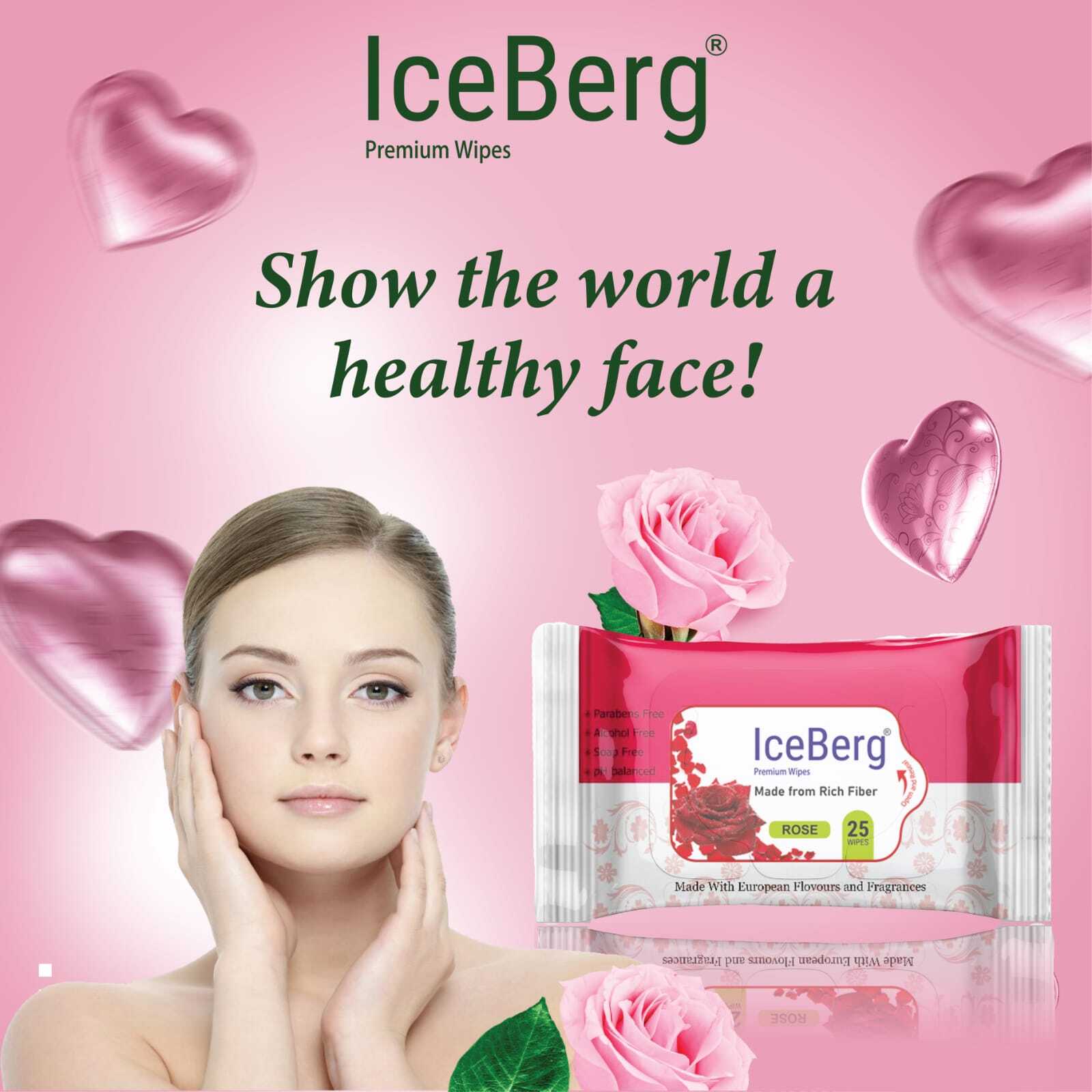Iceberg Refreshing Rose Wet Wipes - Non Woven Fabric, 150x200mm, White Color - Ideal For All Ages, Multi-use, Fragrance Infused, 25 Pcs Per Pack