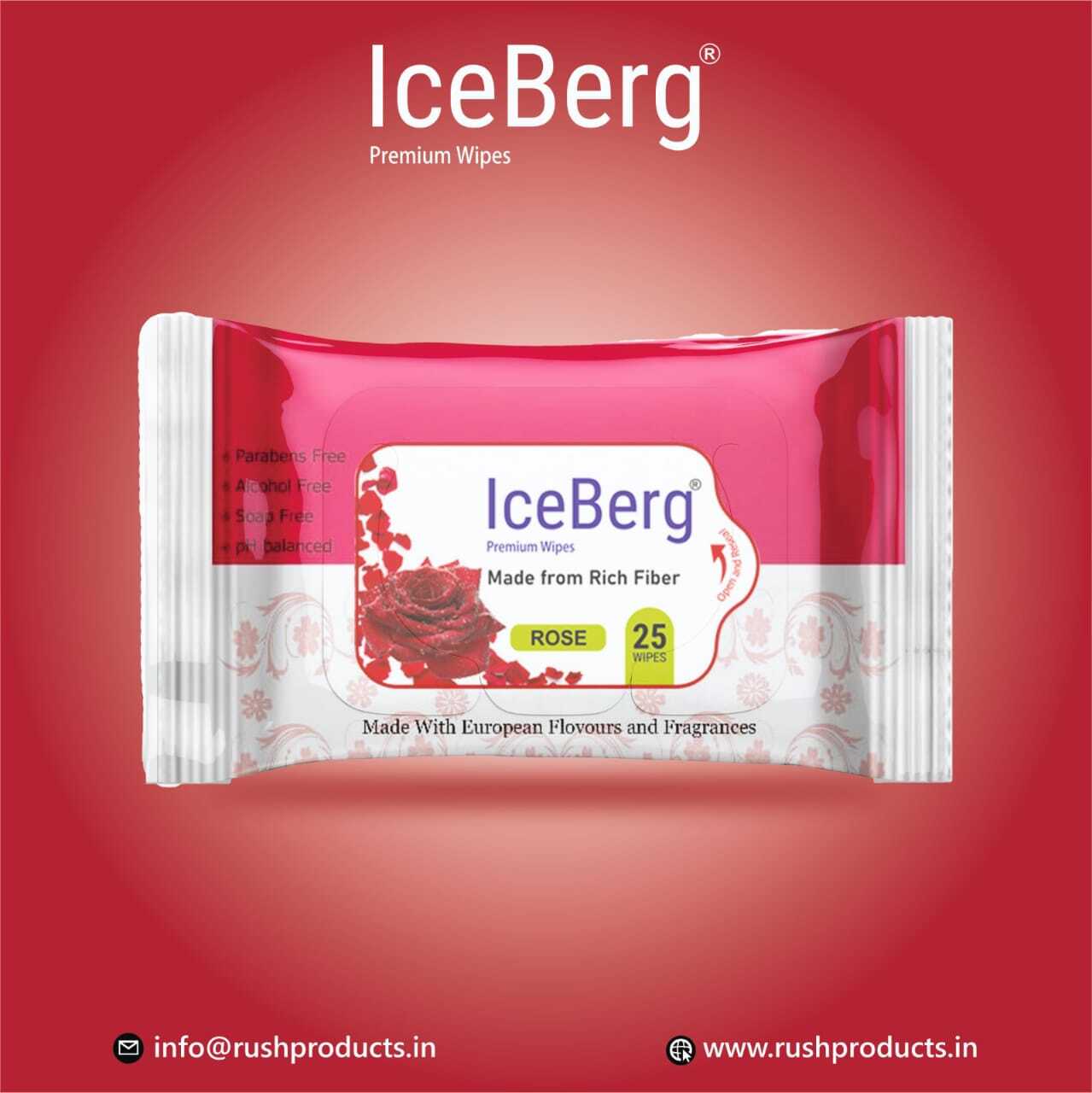 Iceberg Refreshing Rose Wet Wipes - Non Woven Fabric, 150x200mm, White Color - Ideal For All Ages, Multi-use, Fragrance Infused, 25 Pcs Per Pack